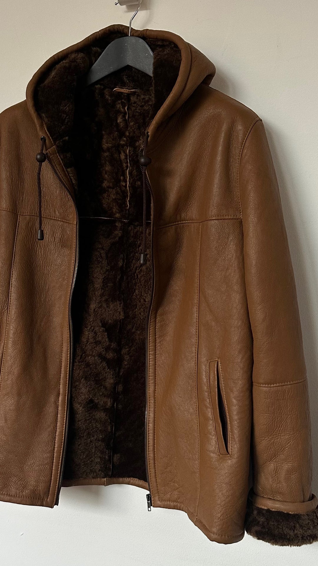 Tan Leather and Shearling Hooded Jacket - M