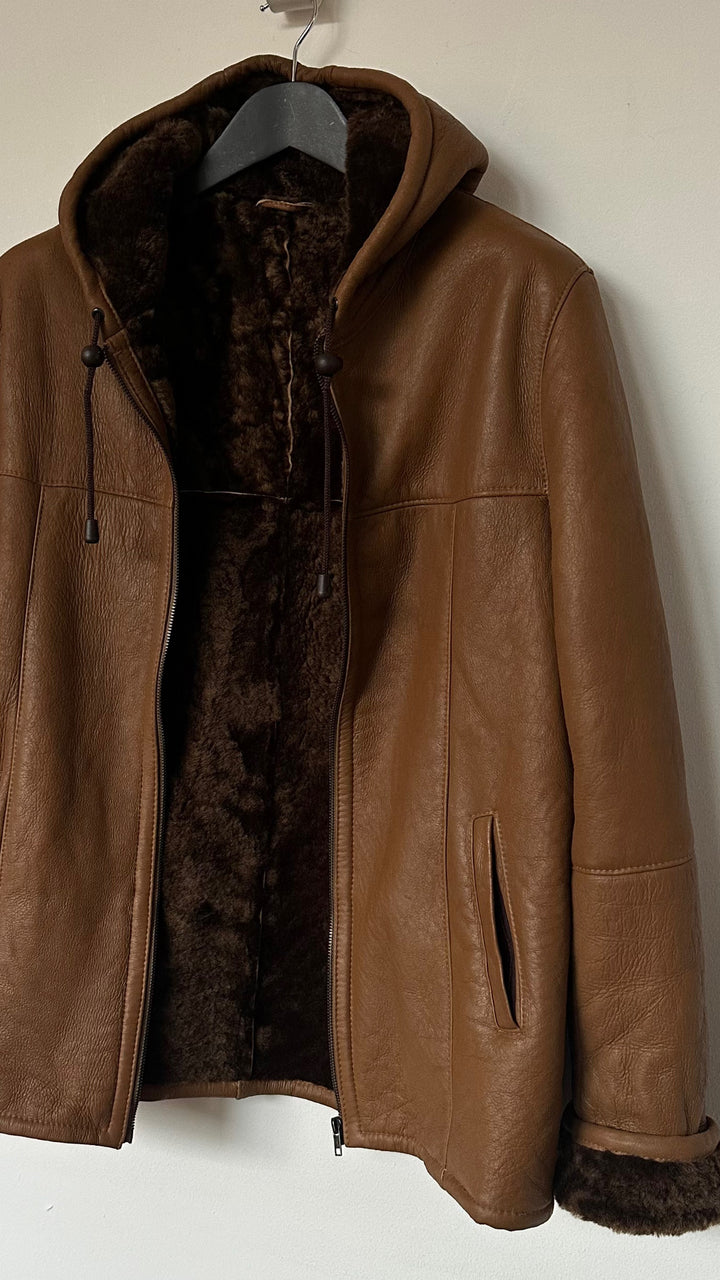 Tan Leather and Shearling Hooded Jacket - M