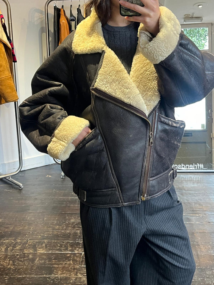 Premium Brown Leather Aviator Jacket - M