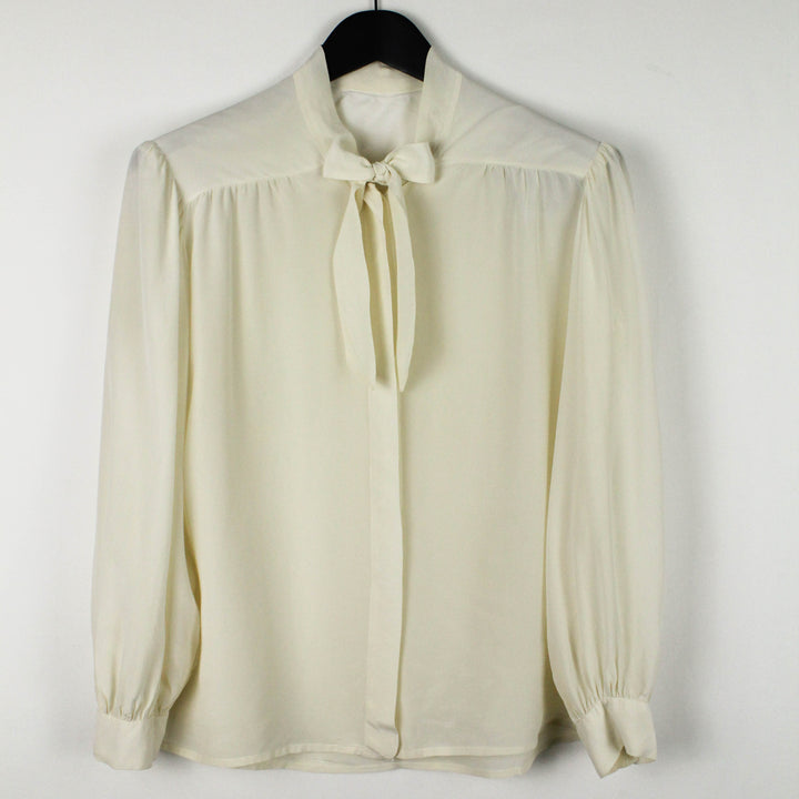Vintage off-white silk tie neck blouse, UK 10