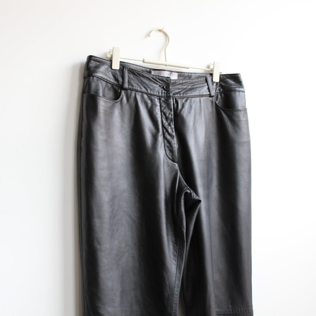 Real Leather Black Kick Flare Trousers - M