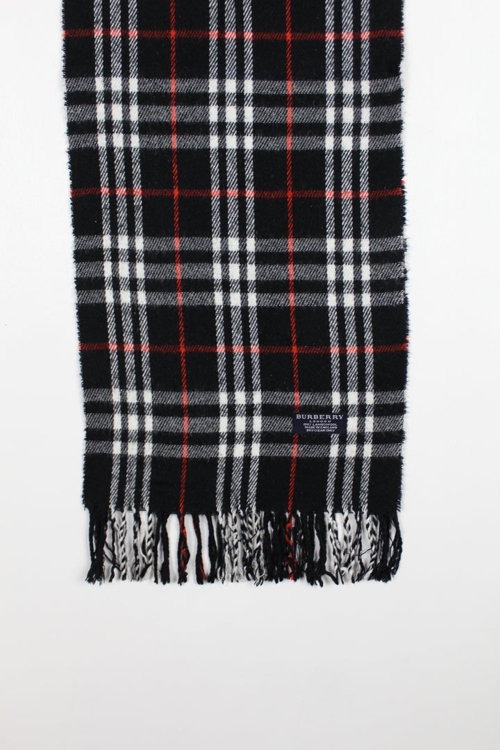 Vintage 90s Burberry Black Nova Check Lambswool Scarf - VOCA056