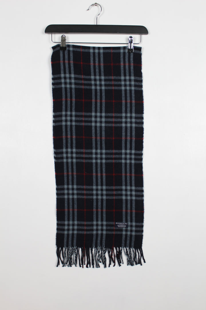 Vintage 90s Burberry Navy Blue Nova Check Lambswool Scarf - VOMA809