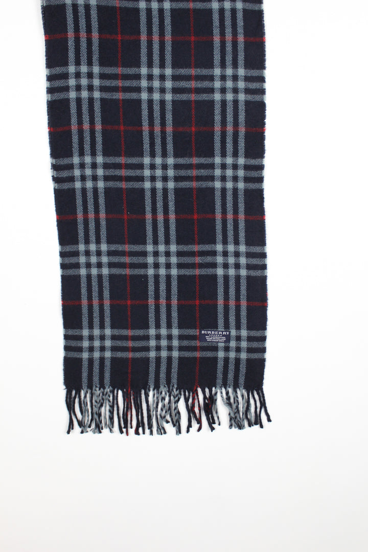 Vintage 90s Burberry Navy Blue Nova Check Lambswool Scarf - VOMA809