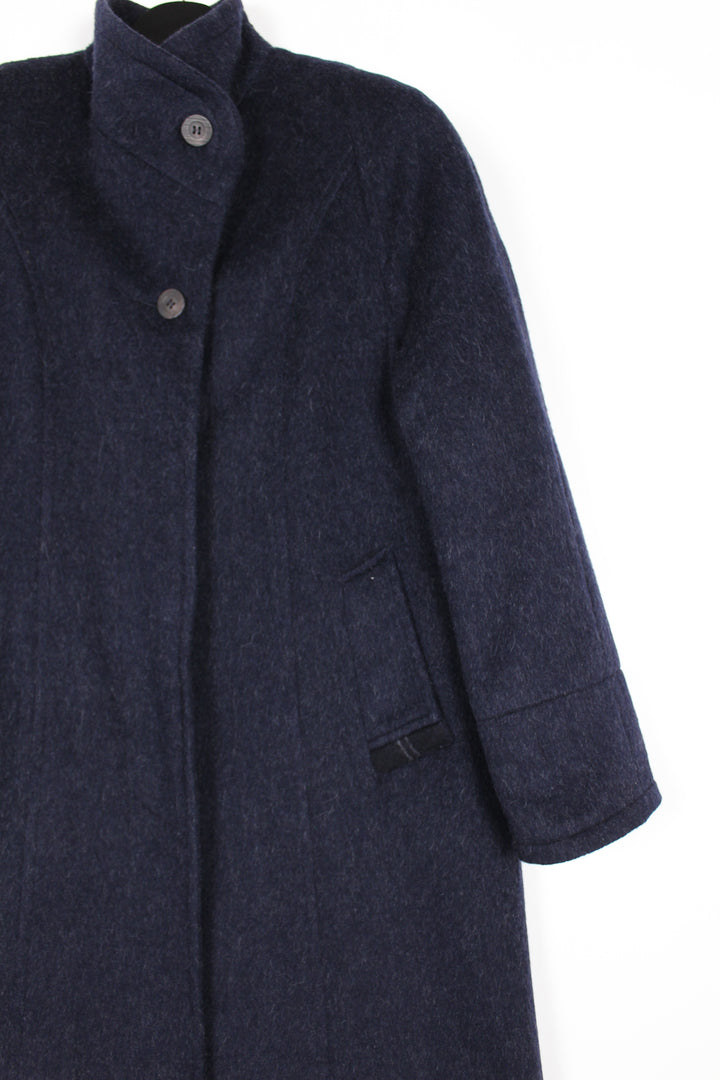 Vintage 80/90s Navy Grey Fleck Alpaca Wool Single Breasted Long Coat Stand Collar Size