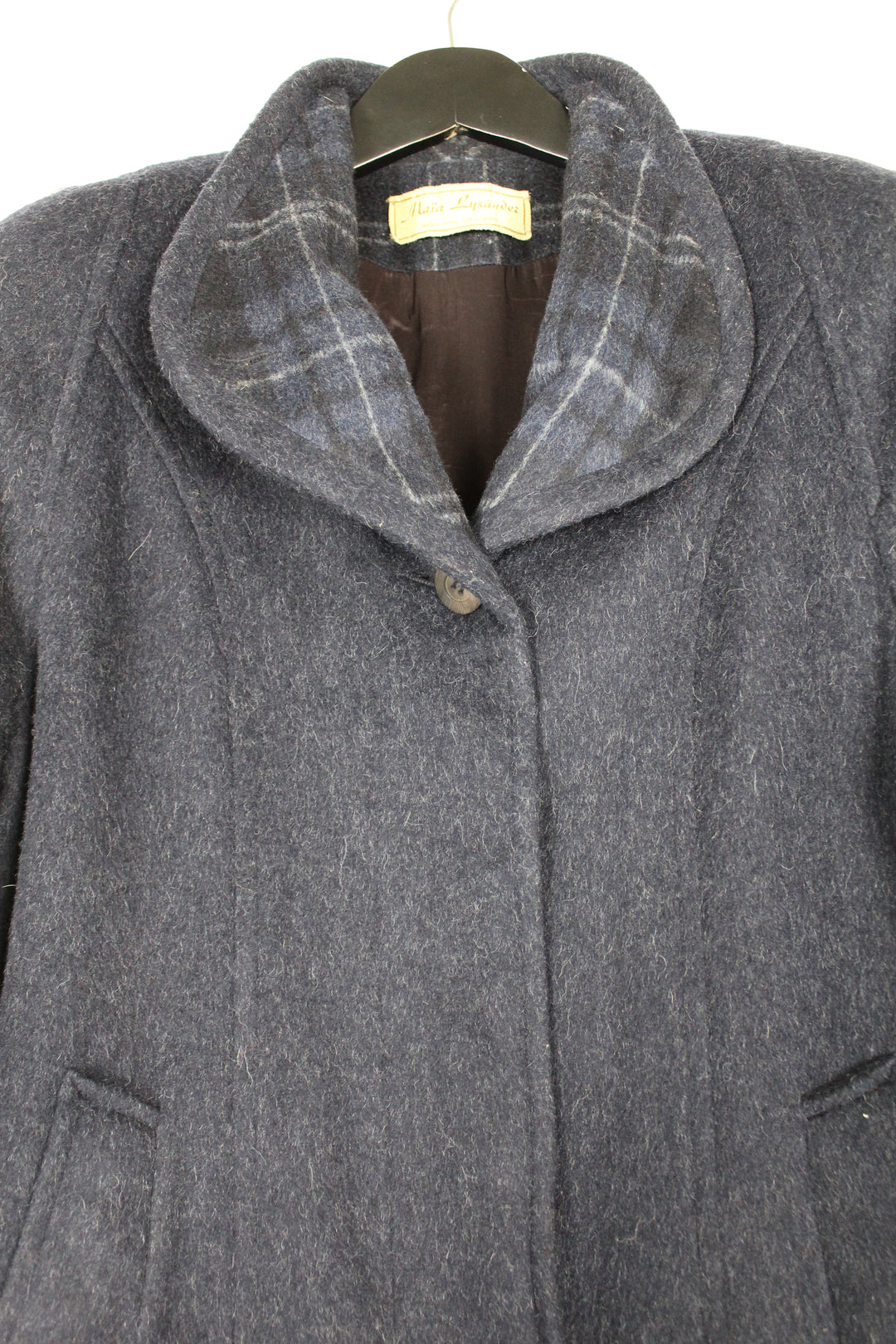 Vintage 80/90s Navy Grey Fleck Alpaca Wool Single Breasted Long Coat Stand Collar Size