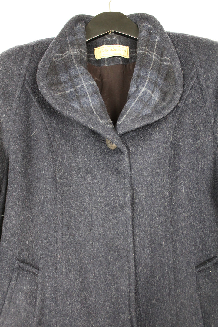 Vintage 80/90s Navy Grey Fleck Alpaca Wool Single Breasted Long Coat Stand Collar Size