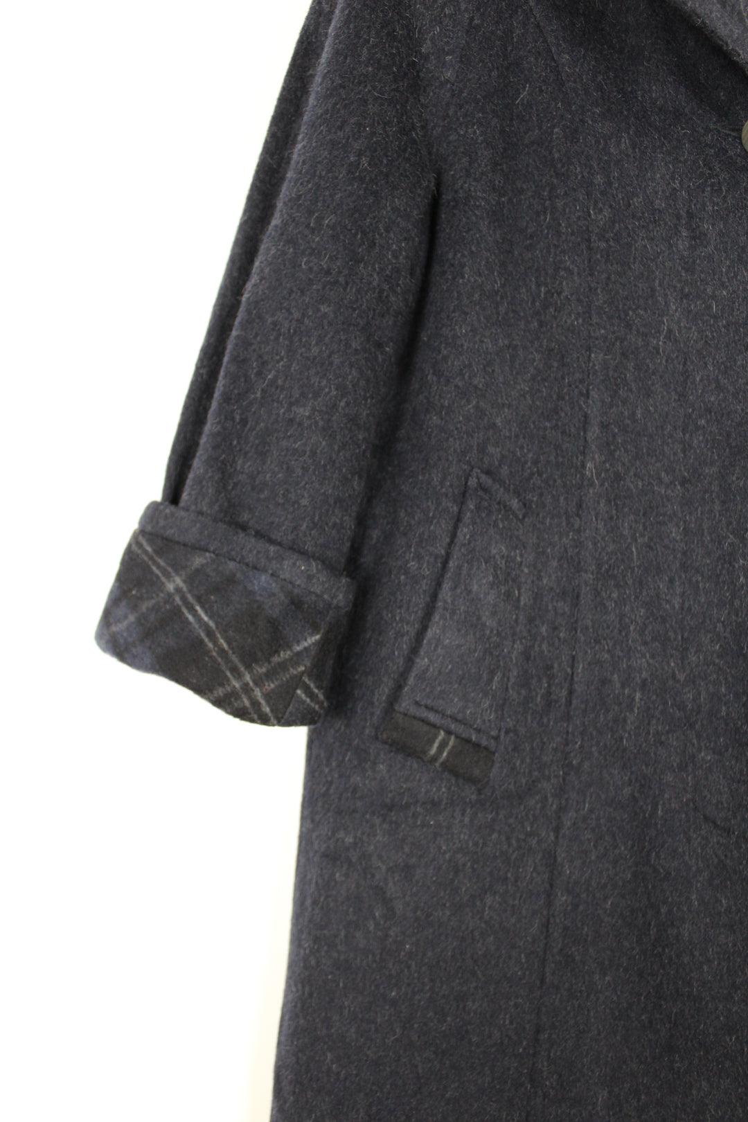 Vintage 80/90s Navy Grey Fleck Alpaca Wool Single Breasted Long Coat Stand Collar Size