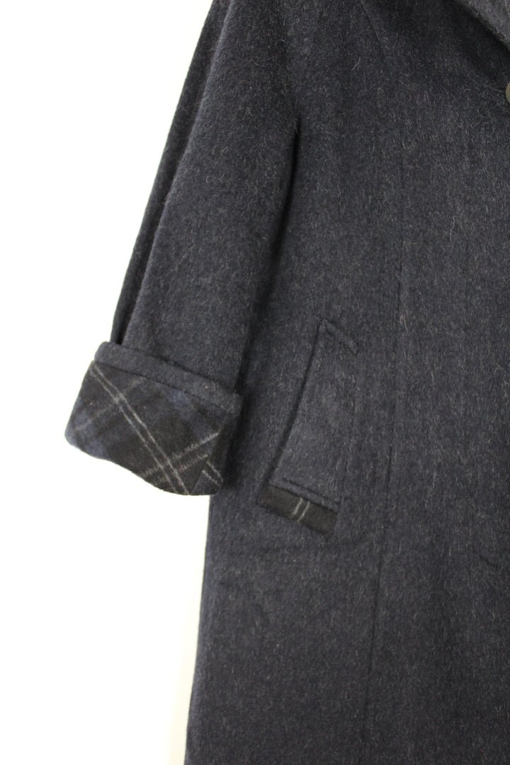 Vintage 80/90s Navy Grey Fleck Alpaca Wool Single Breasted Long Coat Stand Collar Size