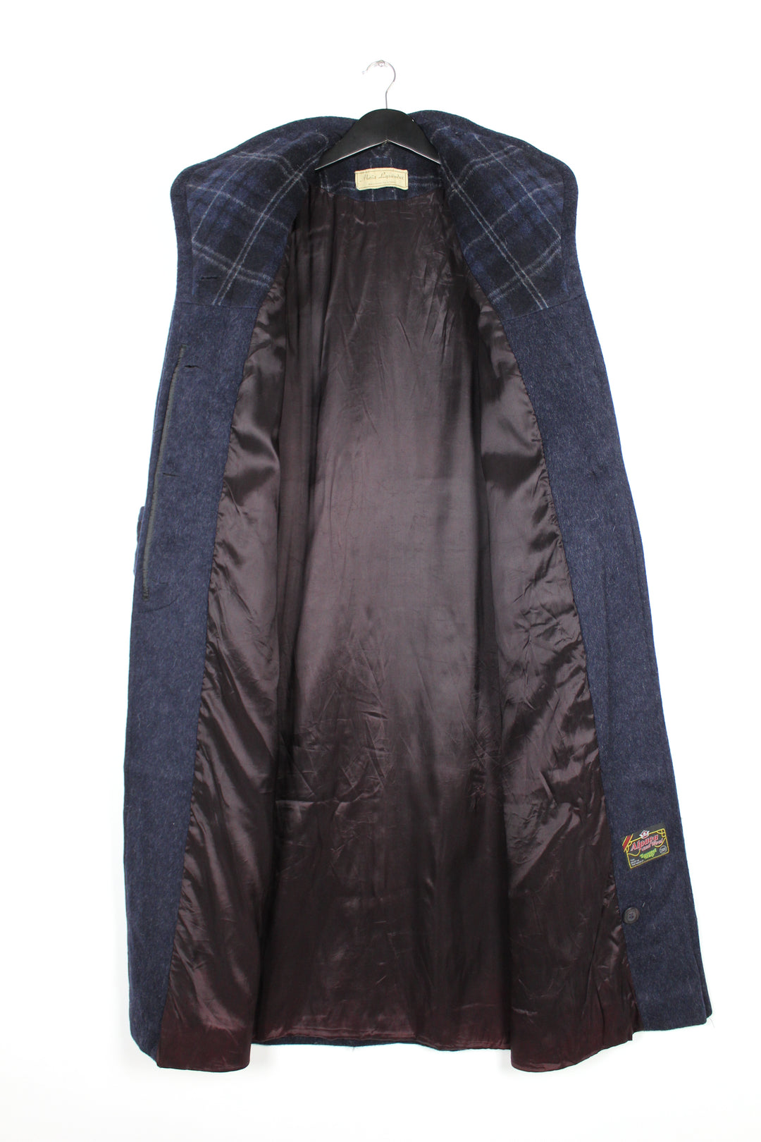 Vintage 80/90s Navy Grey Fleck Alpaca Wool Single Breasted Long Coat Stand Collar Size