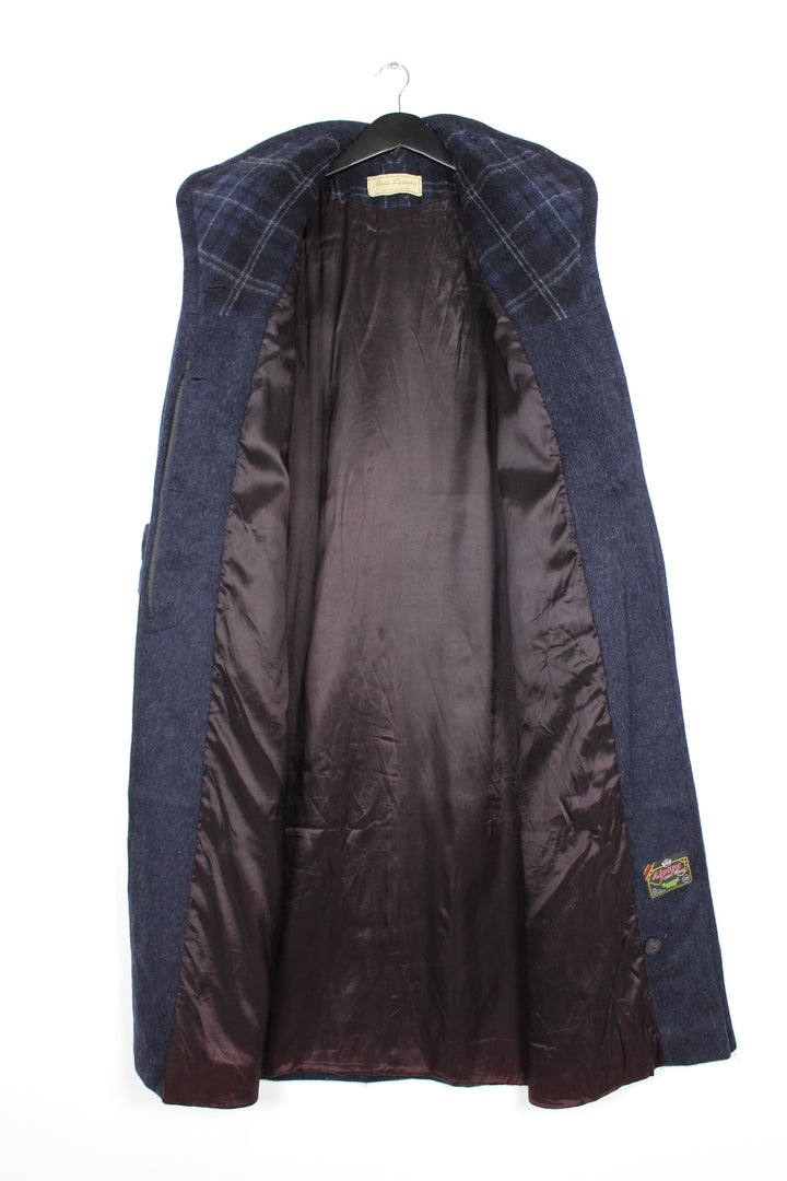 Vintage 80/90s Navy Grey Fleck Alpaca Wool Single Breasted Long Coat Stand Collar Size