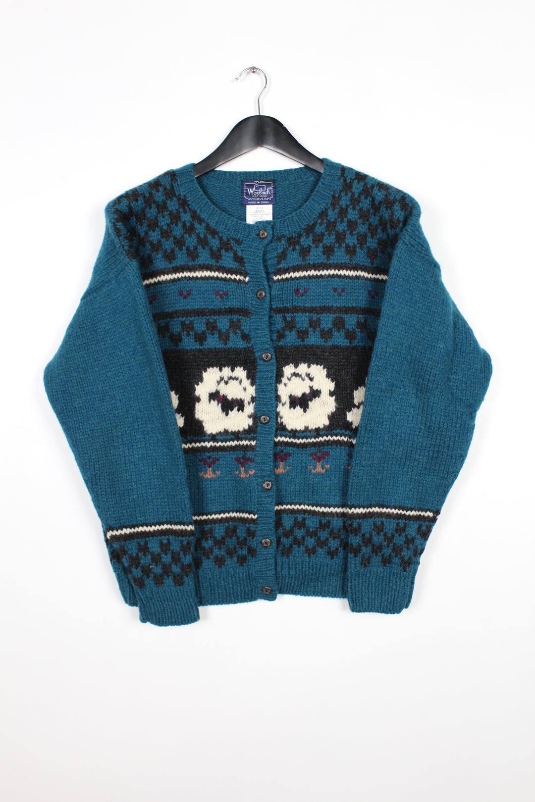 Vintage 80s 90s Woolrich Teal Green & Black Sheep Wool Cardigan Size Large
