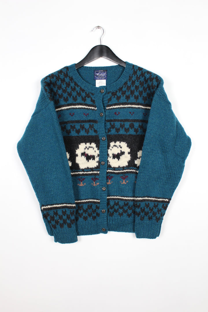 Vintage 80s 90s Woolrich Teal Green & Black Sheep Wool Cardigan Size Large