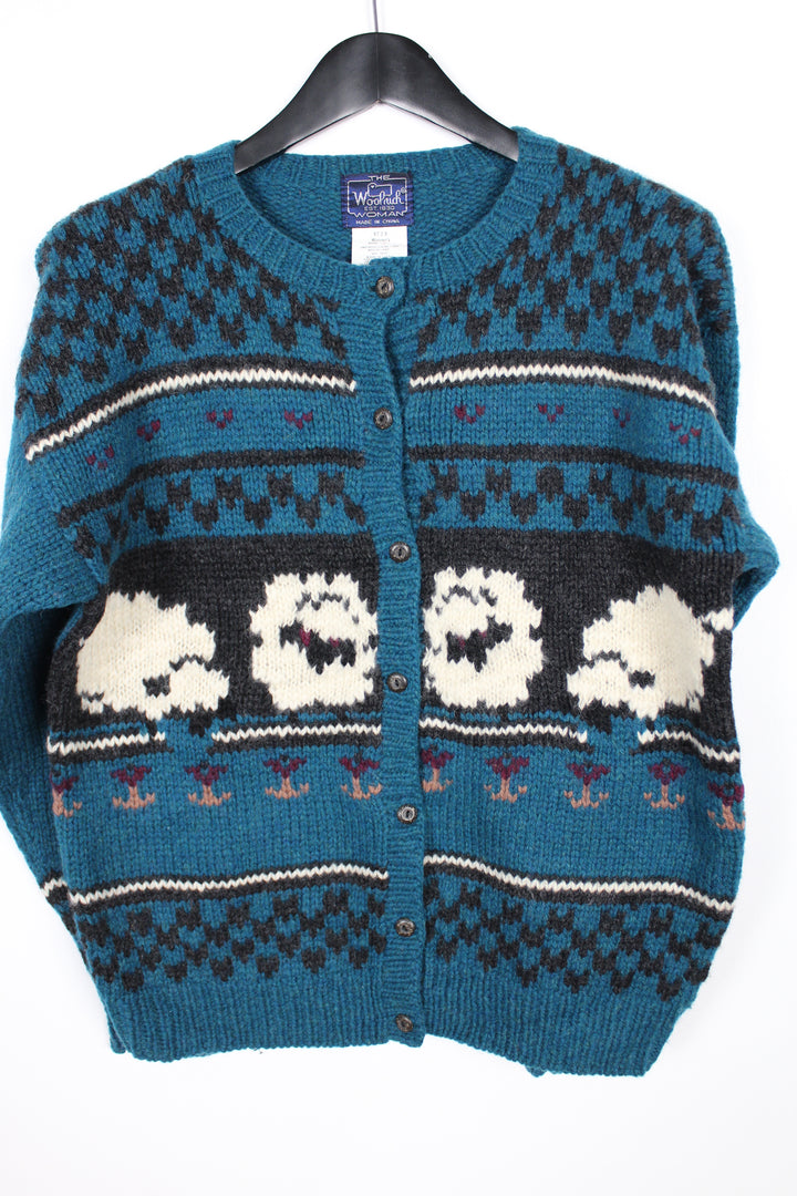 Vintage 80s 90s Woolrich Teal Green & Black Sheep Wool Cardigan Size Large