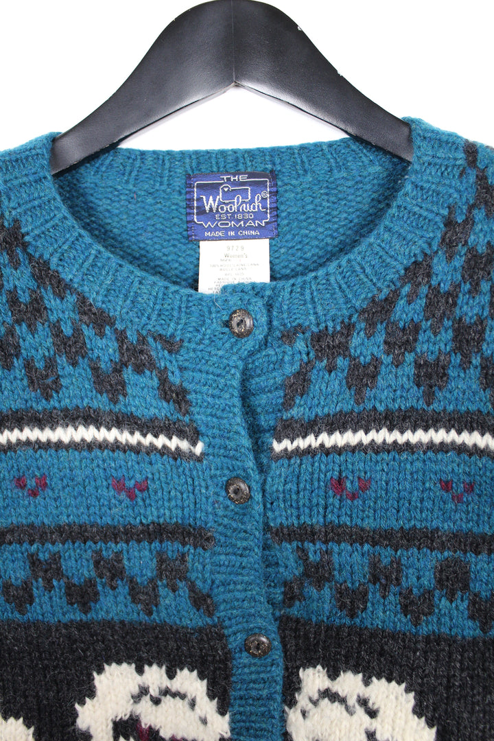 Vintage 80s 90s Woolrich Teal Green & Black Sheep Wool Cardigan Size Large