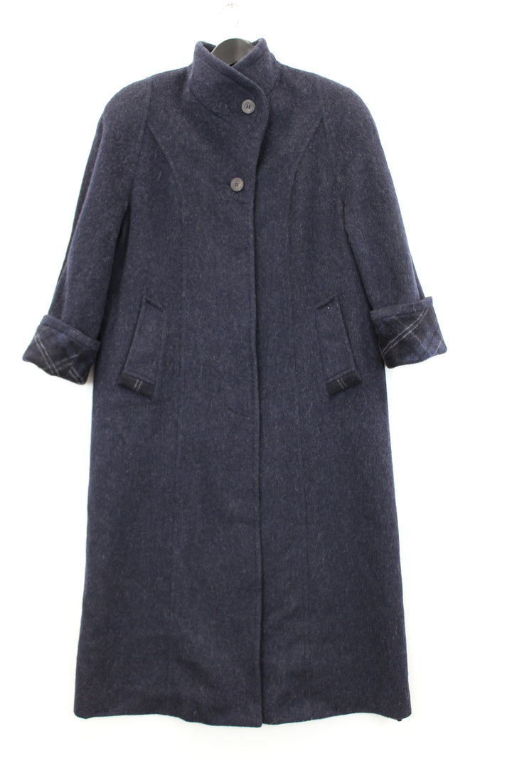 Vintage 80/90s Navy Grey Fleck Alpaca Wool Single Breasted Long Coat Stand Collar Size