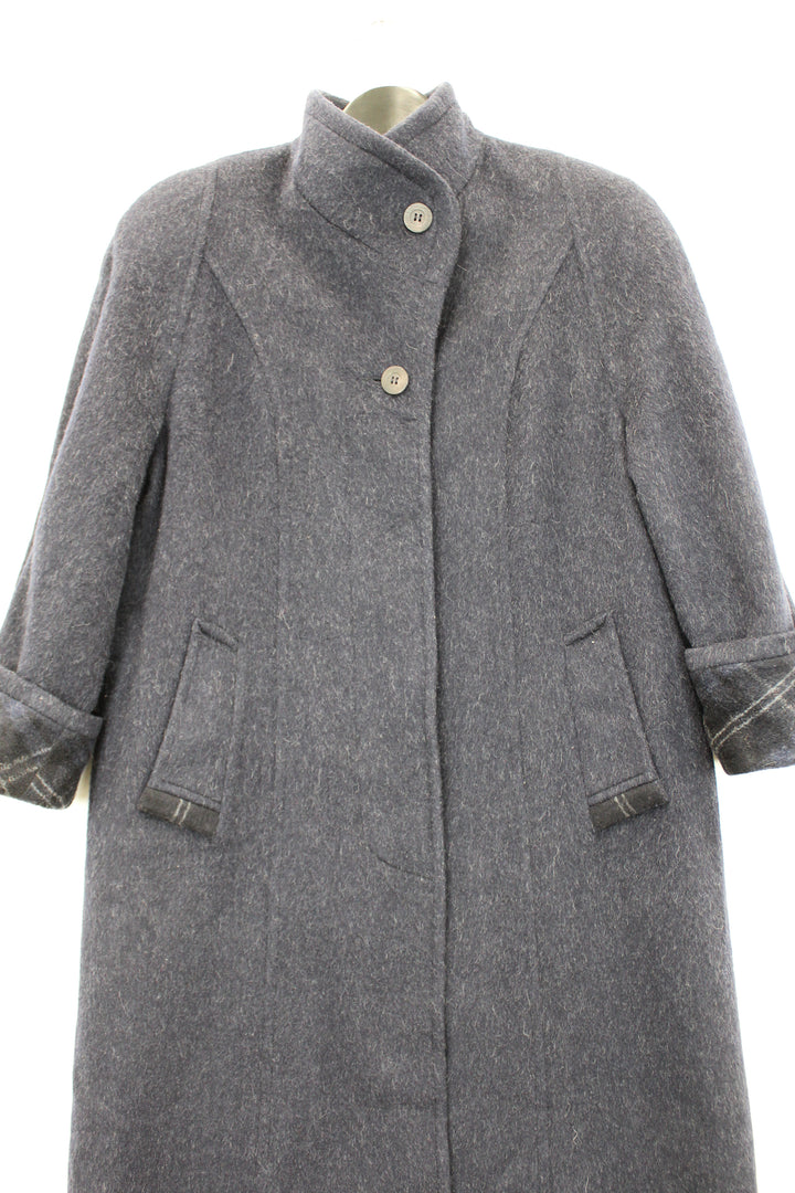 Vintage 80/90s Navy Grey Fleck Alpaca Wool Single Breasted Long Coat Stand Collar Size