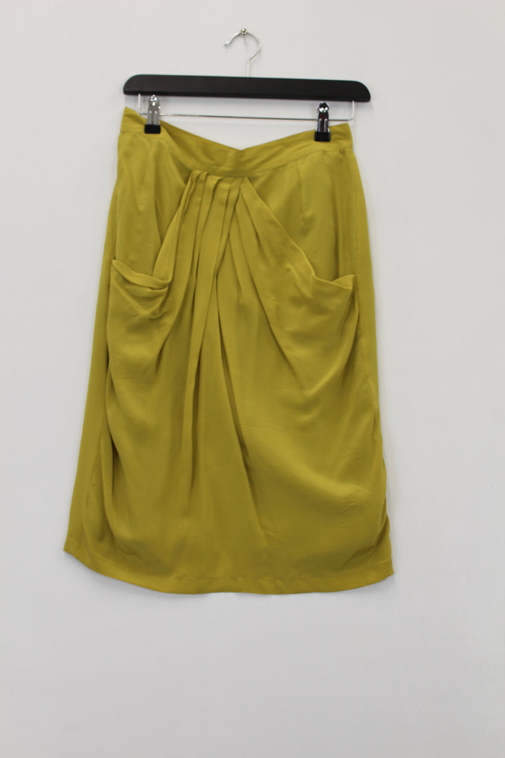 Mustard yellow 100% silk 1980s draped front skirt, UK12