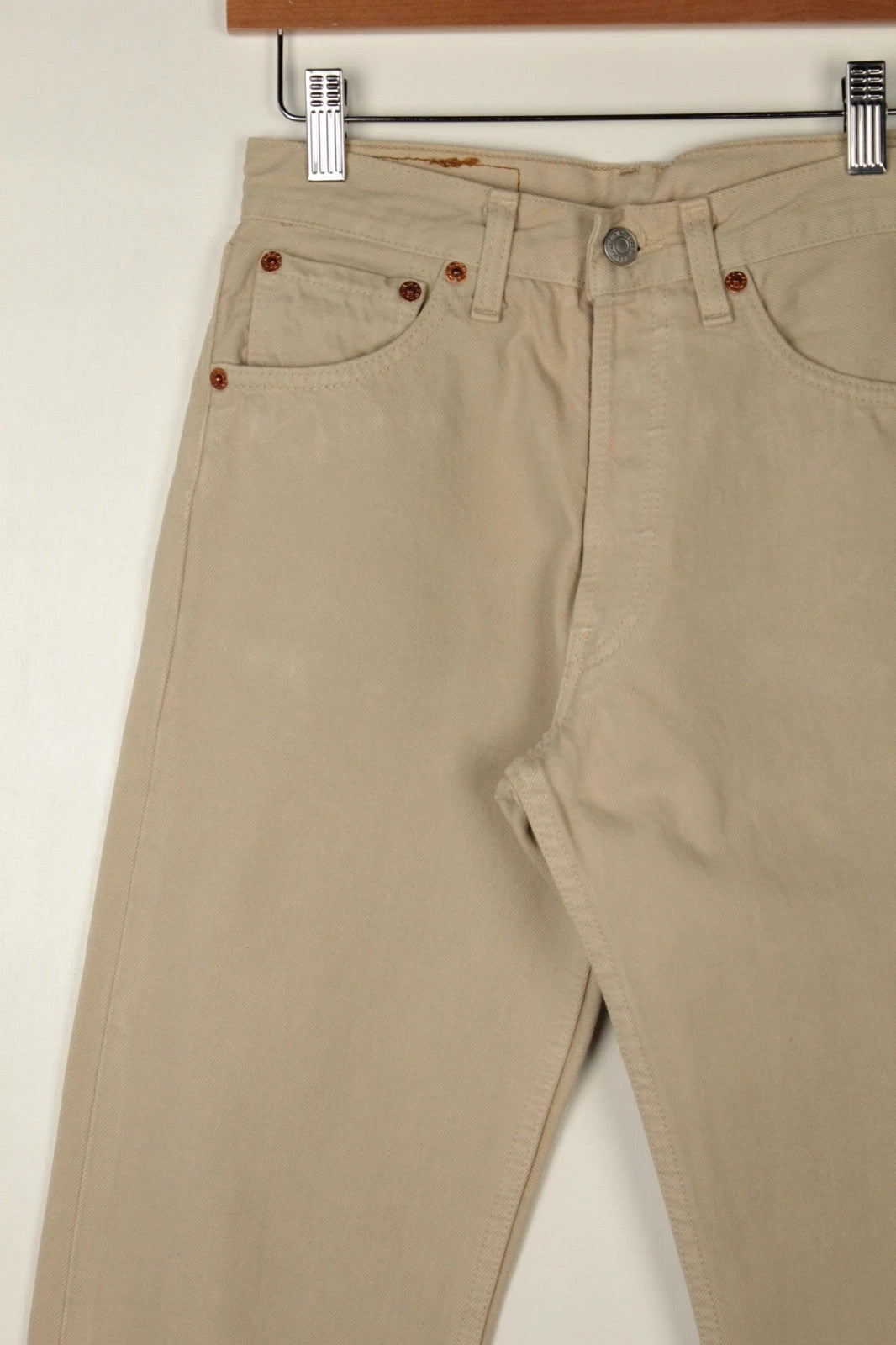 Levi's beige straight jeans with button fly and vintage 501 label, made in France.
