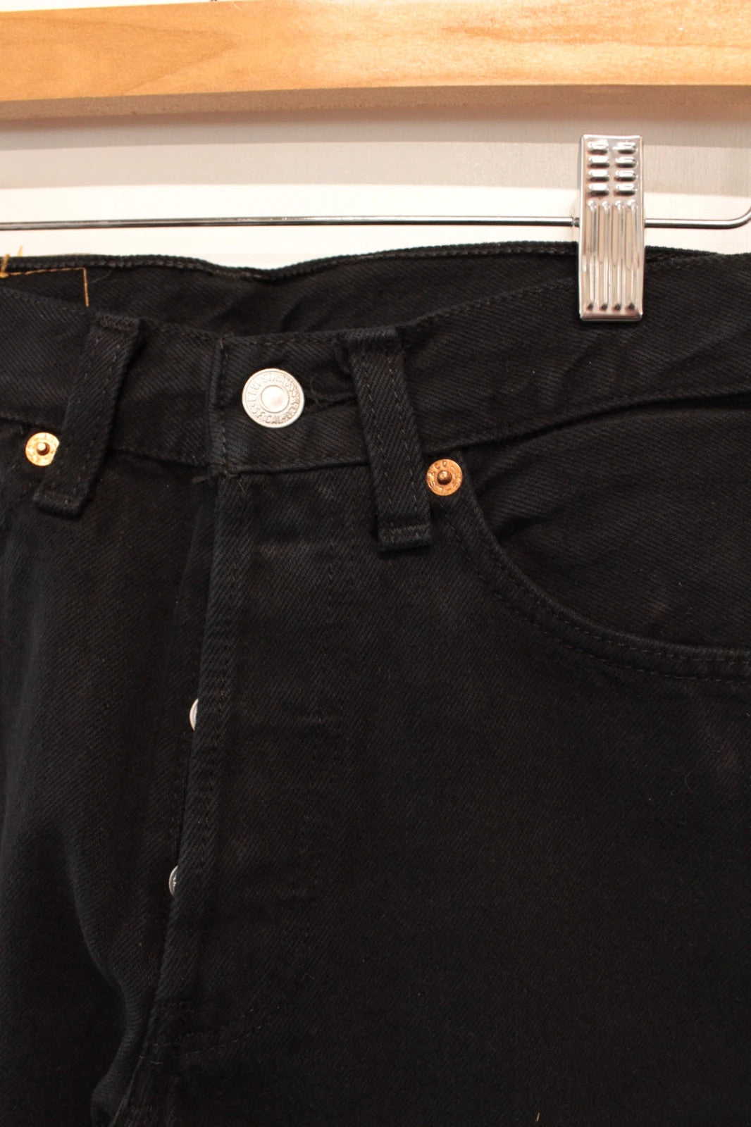 Levi's black straight jeans 501 original button fly, heavyweight rigid denim, pristine condition.