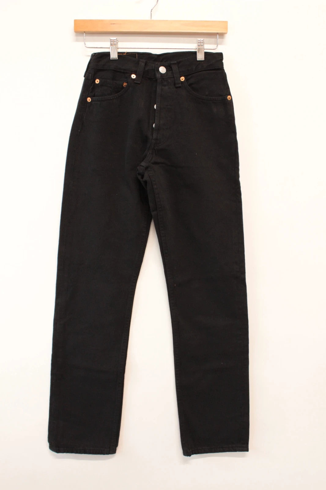 Levi's black straight jeans 501 original button fly, heavyweight rigid denim, pristine condition.