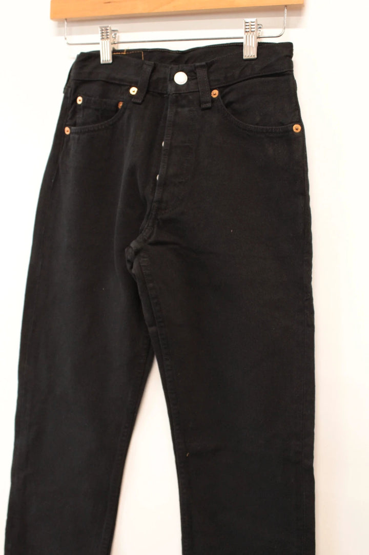 Levi's black straight jeans 501 original button fly, heavyweight rigid denim, pristine condition.