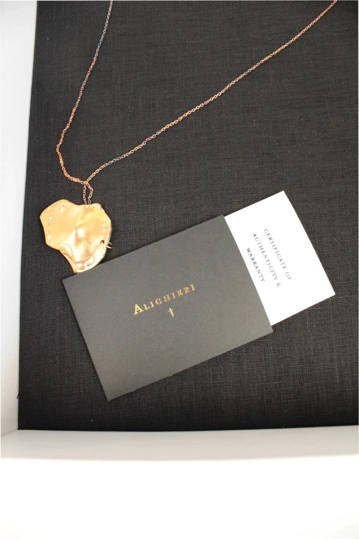 Alighieri gold molten pendant necklace with textured abstract design and presentation box.