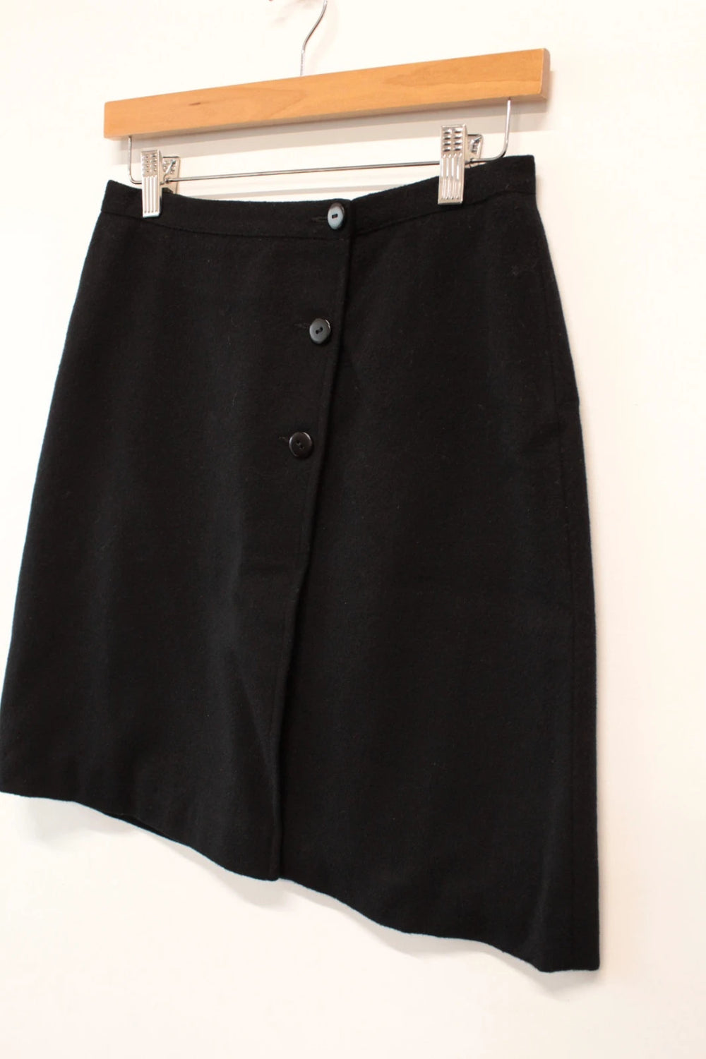 Marella black wool mini skirt tailored button front asymmetric wrap design.