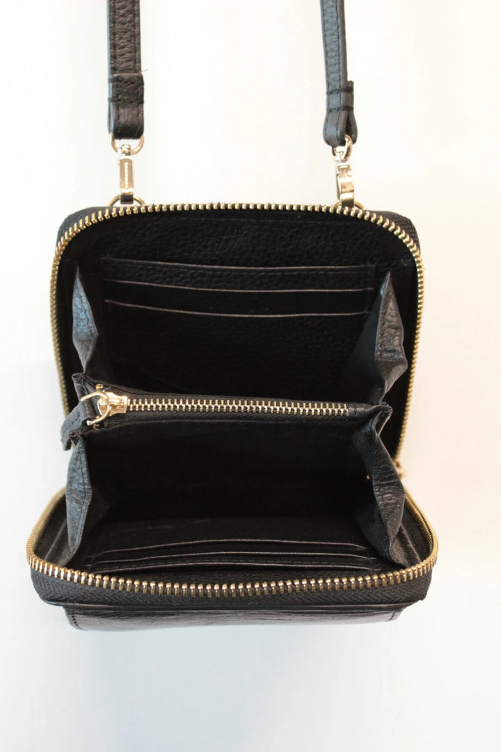 Whistles black lizard effect leather crossbody bag with gold-tone logo and zip hardware.