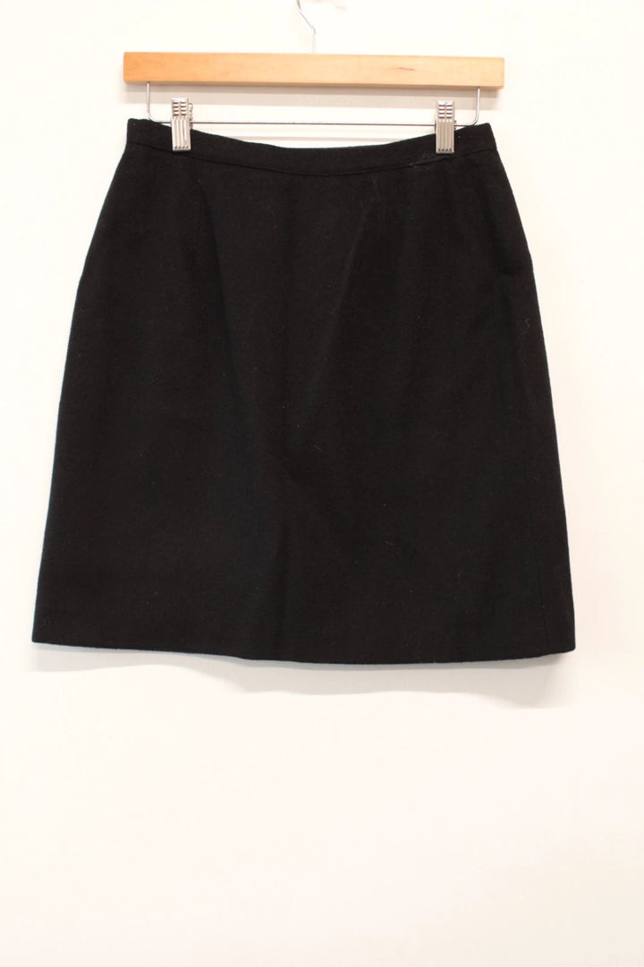 Marella black wool mini skirt tailored button front asymmetric wrap design.