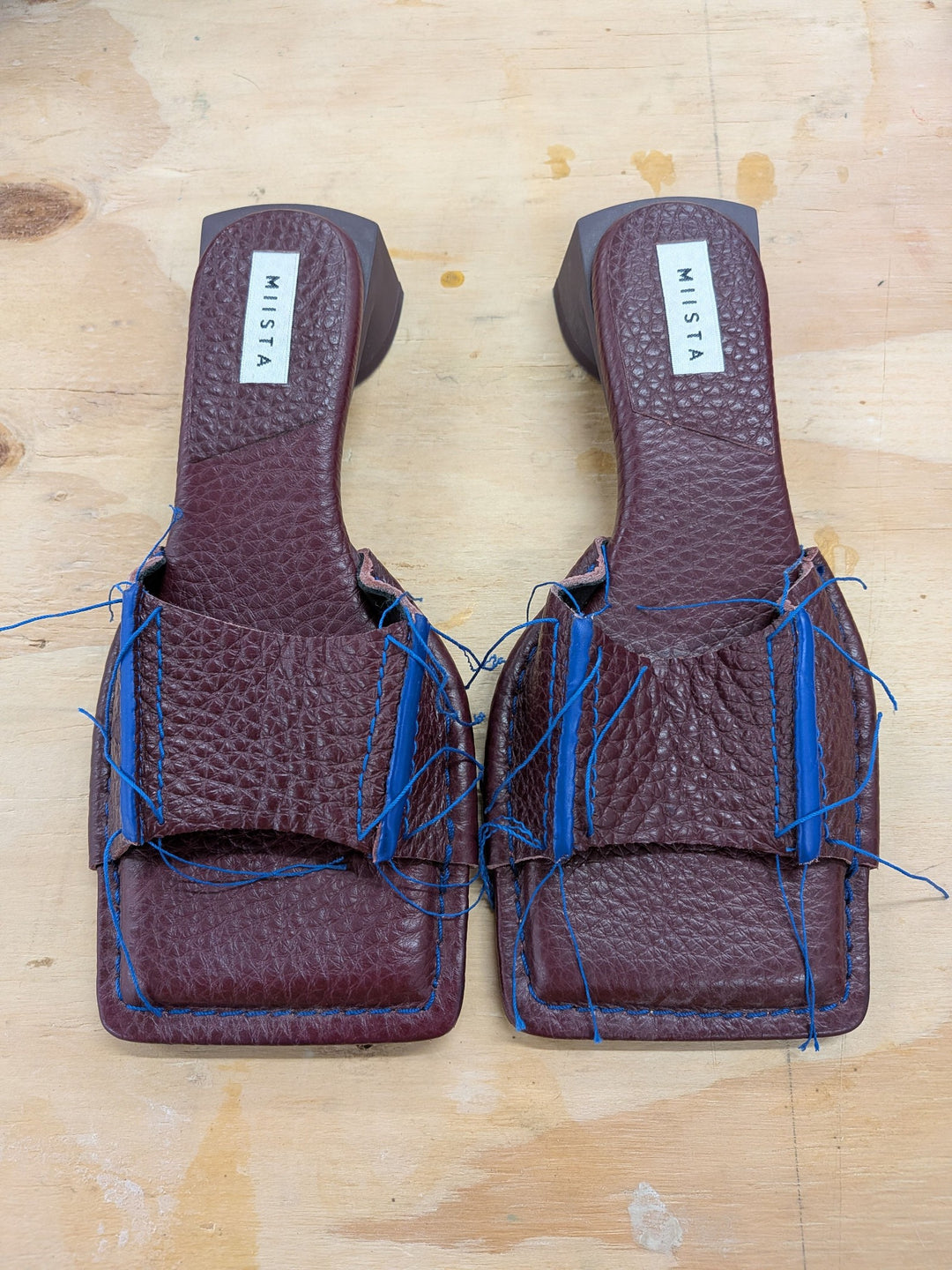 Miista Burgundy Leather Square Toe Heeled Sandals UK 3 Blue Stitching