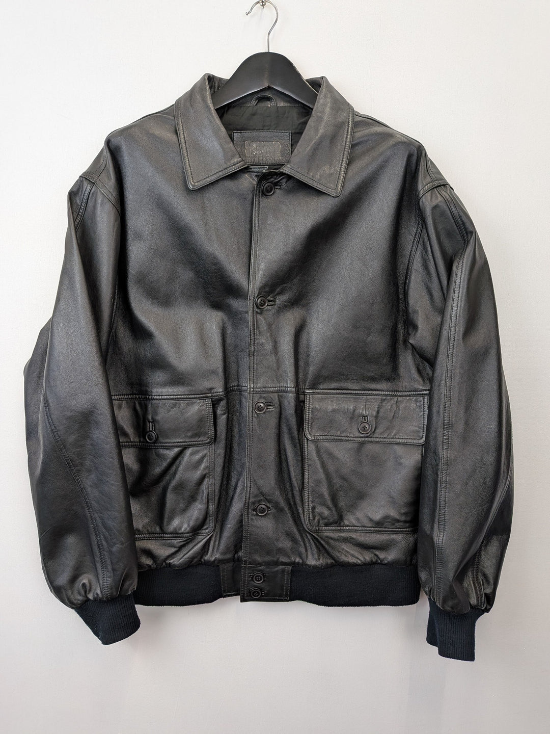 Vintage Black Genuine Leather Jacket Large Ribbed Hem &amp; Cuffs