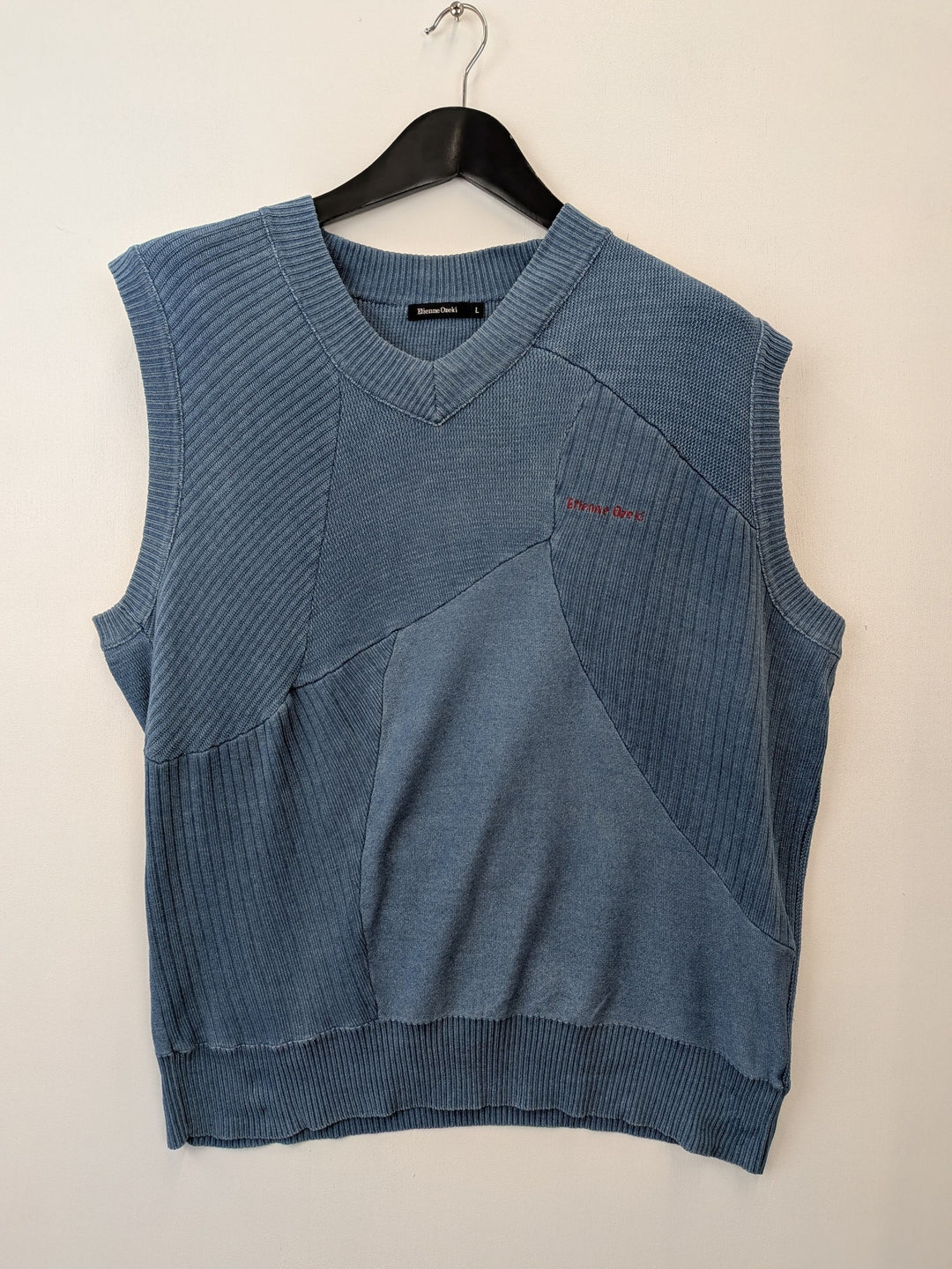 Etienne Ozeki Blue Cotton Patchwork Knit Vest Large