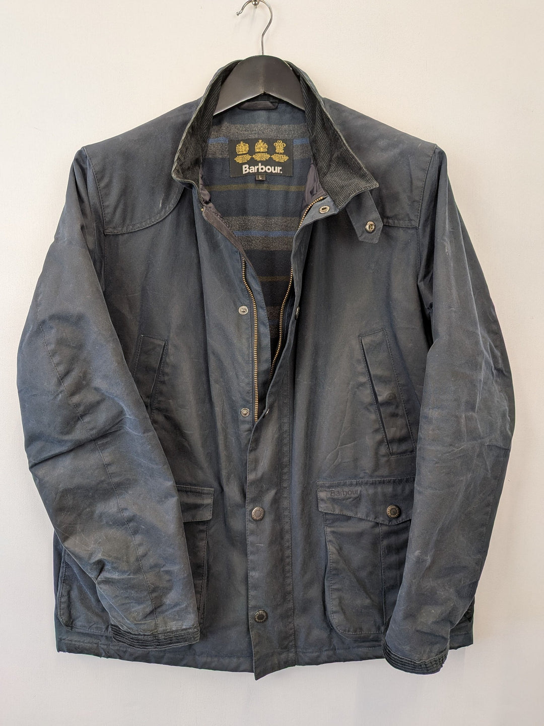 Barbour Leeward Navy Waxed Cotton Jacket Large Durable Outdoor Coat