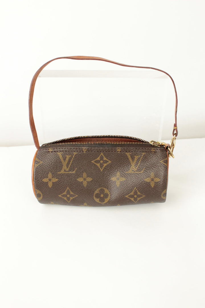 Louis Vuitton brown micro mini pouch bag with monogram pattern and vachetta leather trim.