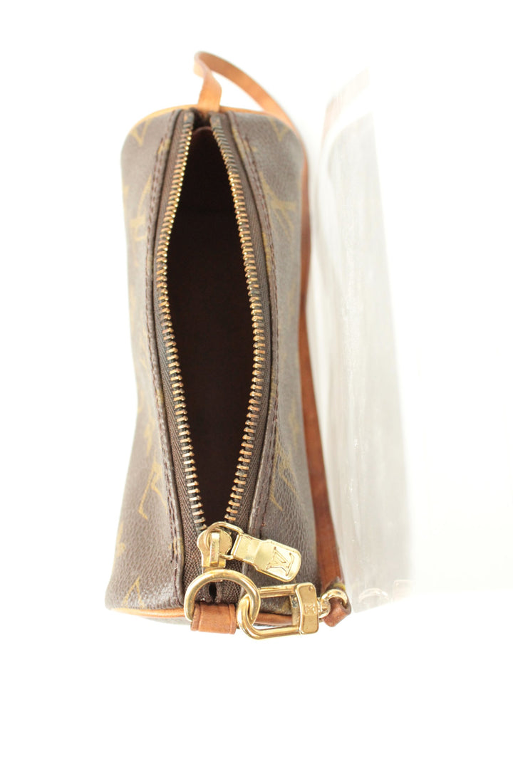 Louis Vuitton brown micro mini pouch bag with monogram pattern and vachetta leather trim.