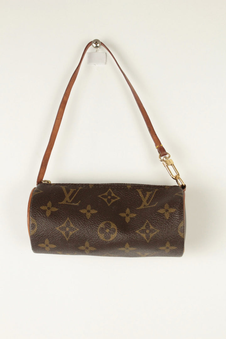 Louis Vuitton brown micro mini pouch bag with monogram pattern and vachetta leather trim.