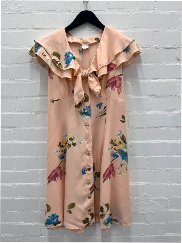 Coral/peach floral print sailor style skater dress, UK8