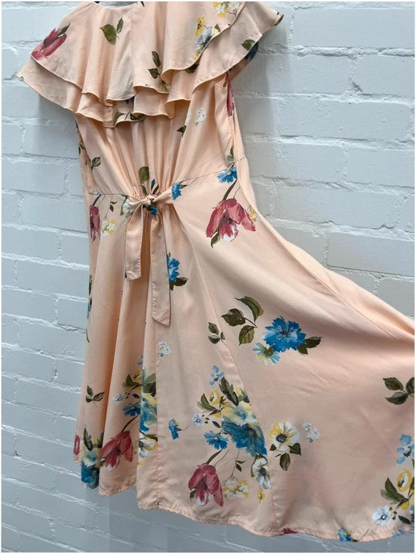 Coral/peach floral print sailor style skater dress, UK8