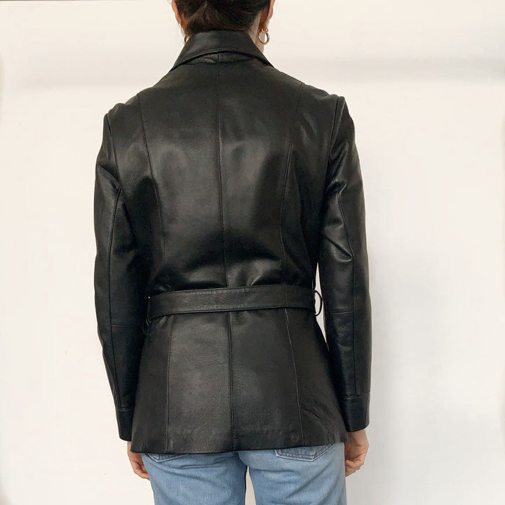 Black Leather Zip Up Belted Jacket - UK8-10