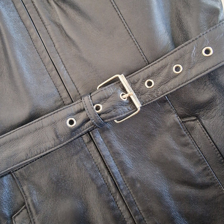 Black Leather Zip Up Belted Jacket - UK8-10