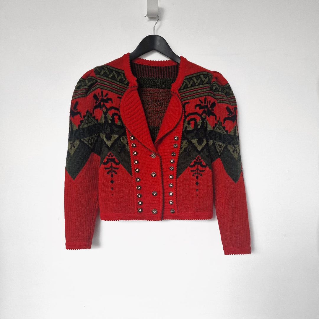 Austrian Wool Cardigan in Red & Green - UK 10-12