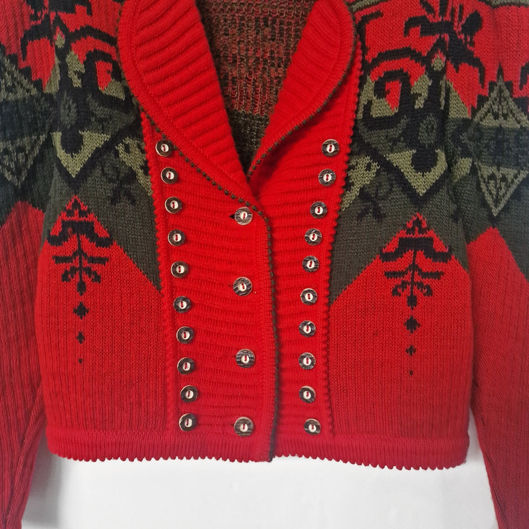 Austrian Wool Cardigan in Red & Green - UK 10-12