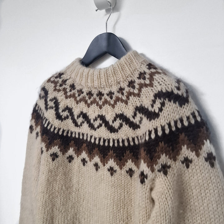Handknit Beige Fair Isle Wool Jumper - UK 8-10