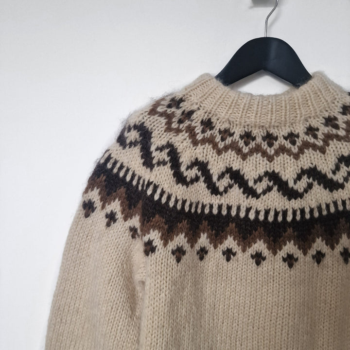 Handknit Beige Fair Isle Wool Jumper - UK 8-10