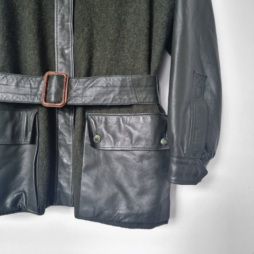 Leather & Wool Green Belted Jacket - UK 12-14