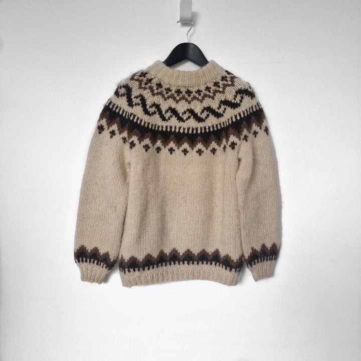 Handknit Beige Fair Isle Wool Jumper - UK 8-10