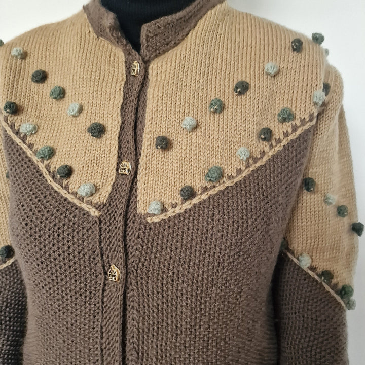 Brown & Beige Popcorn Knit Wool Cardigan - UK 10
