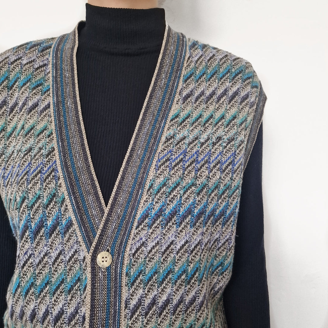 Italian Blue Patterned knit vest top - UK 10