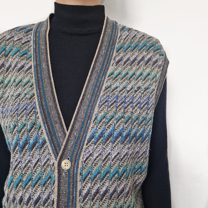 Italian Blue Patterned knit vest top - UK 10